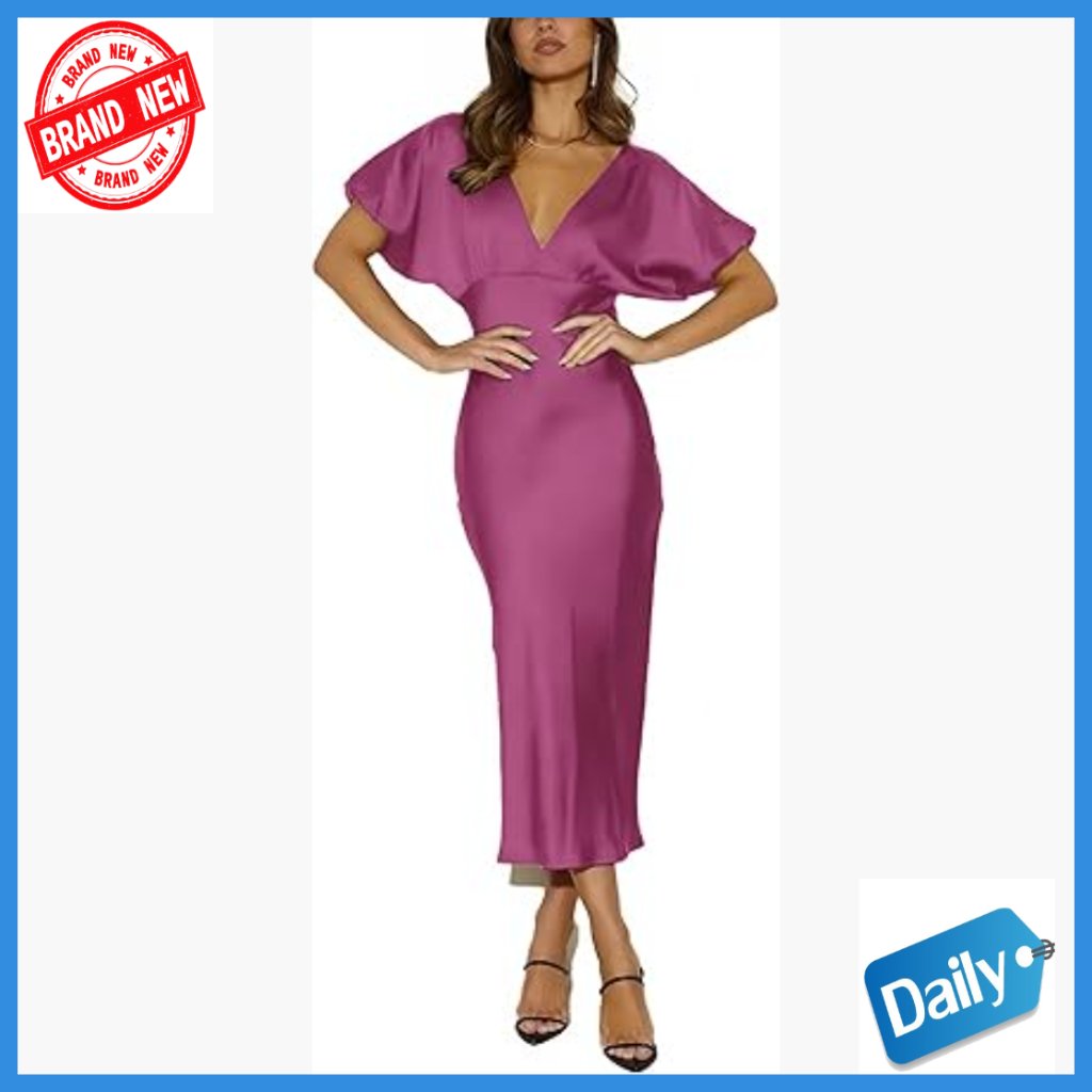 Satin Midi Dress With Puffy Sleeves V-Neck Empire Waist Tie Back Formal